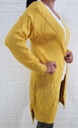 Žltý kardigán predĺžený dámsky sveter bez zapínania