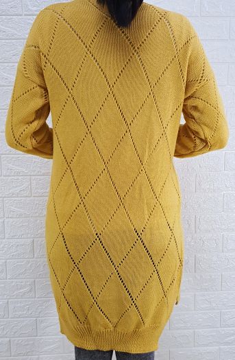 Žltý kardigán predĺžený dámsky sveter bez zapínania