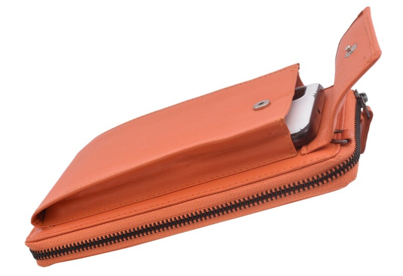 Dámska kožená peňaženka - kabelka oranžová s dlhým crossbody ramienkom